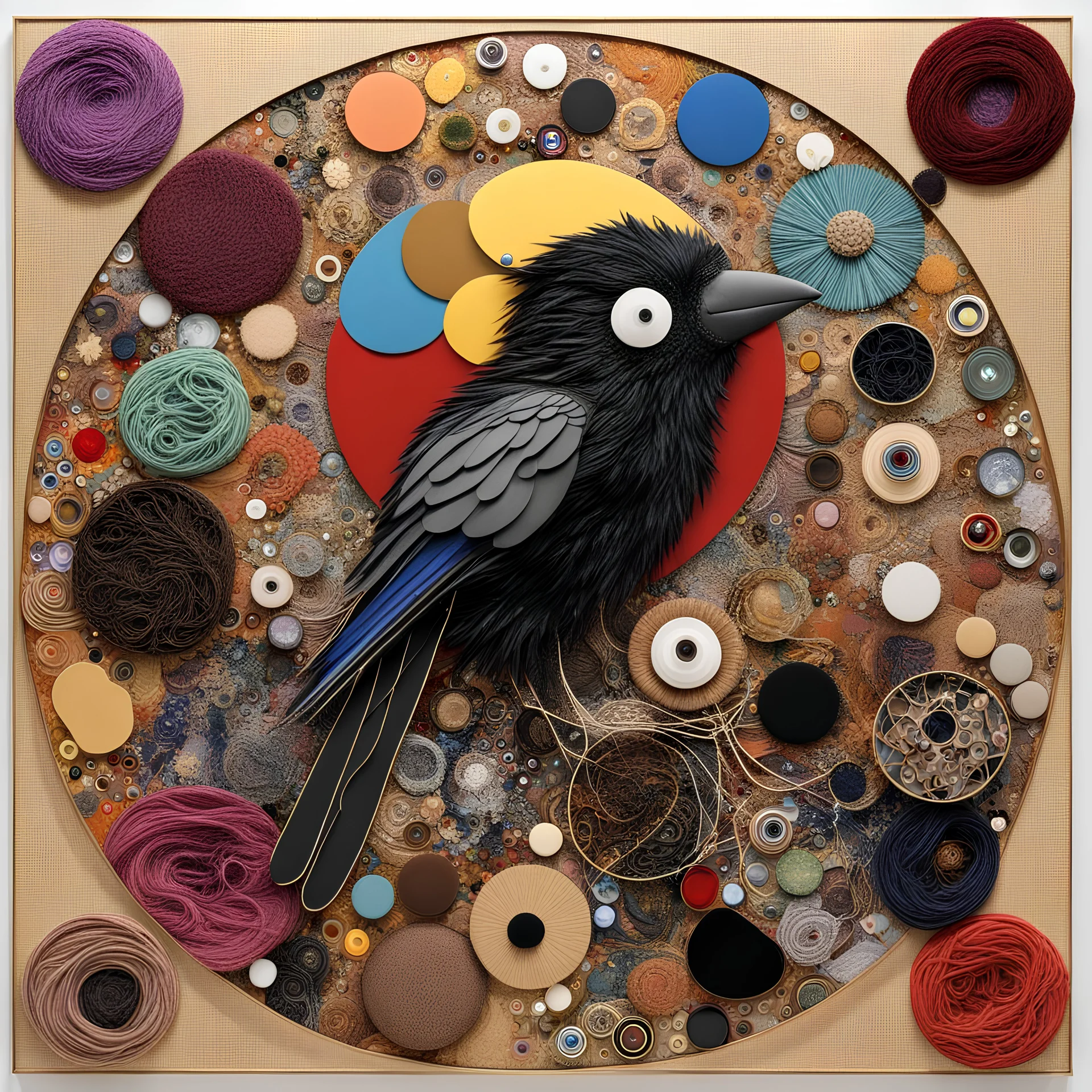 Collage of various mediums making up an abstract crow image, metal and fabric and corduroy and glass and yarn and paper and velvet, various textures, sharp contrast, sharp juxtaposition of materials, colorful, sharp focus, by Takashi Murakami, maximalism