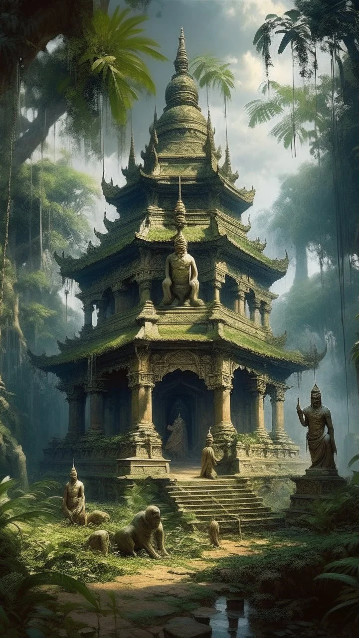 An old temple surrounded by bamboo trees with big ancient statue in India with monkeys here and there climbing , Busch painting style nightmare