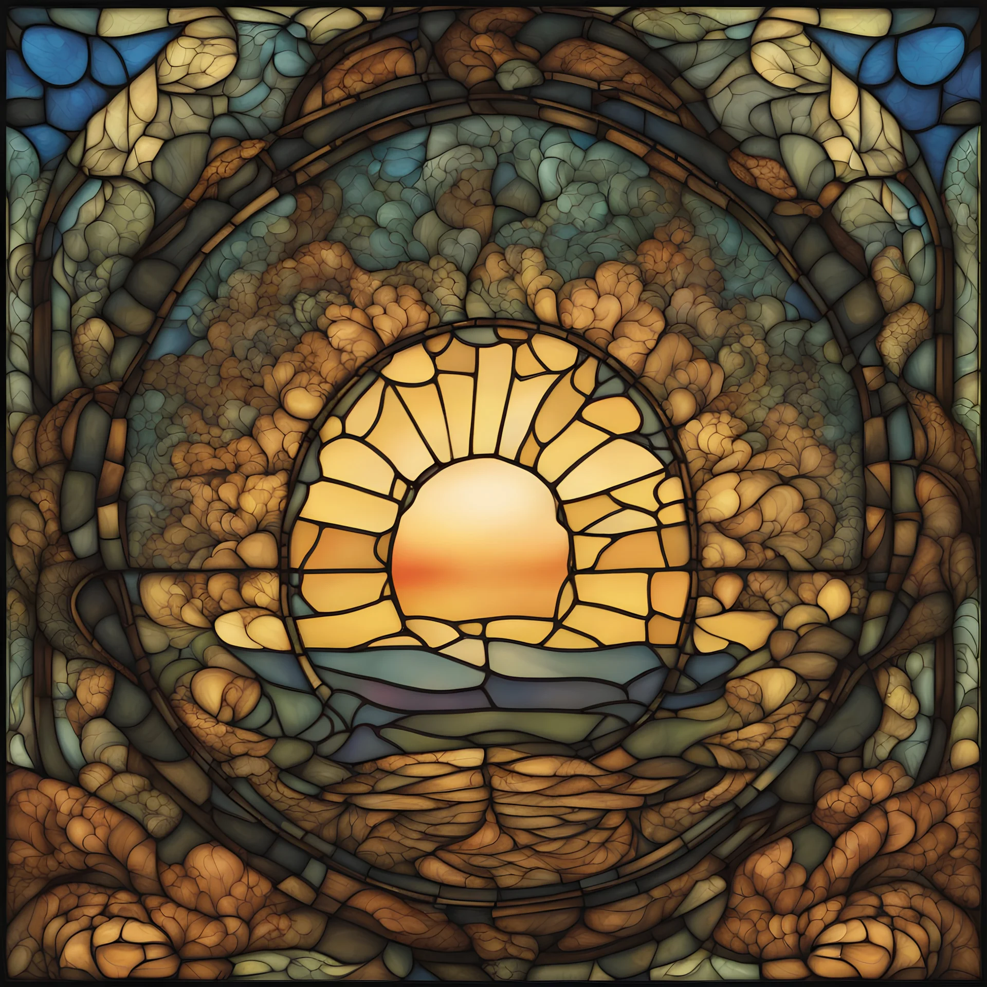 a stained glass whimsical stylized fractal recrusive gothic with sunrise backdrop living room