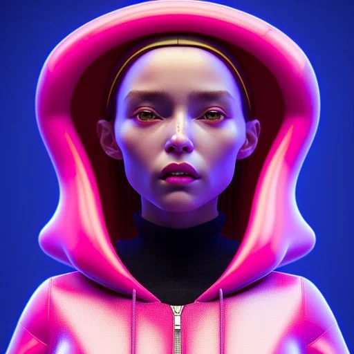 Spanish woman, rounded face, purpurin made up, red, blue, pink, inflatable sweatshirt, latex, leather, soft color, highly detailed, art stations, concept art, smooth, unreal engine 5, god rays, ray tracing, RTX, lumen lighting, ultra detail, volumetric lighting, 3d, finely drawn, high definition, high resolution, neon background.