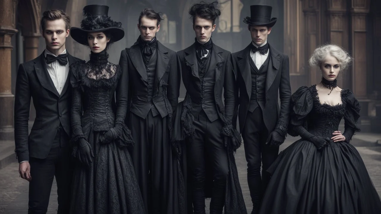 Victorian goth fashion, women and men in nice goth clothes perfect realistic faces, full body, High detailed, sharp focus, looking at the camera, cinematic, masterpiece, high realistic, fashion photo