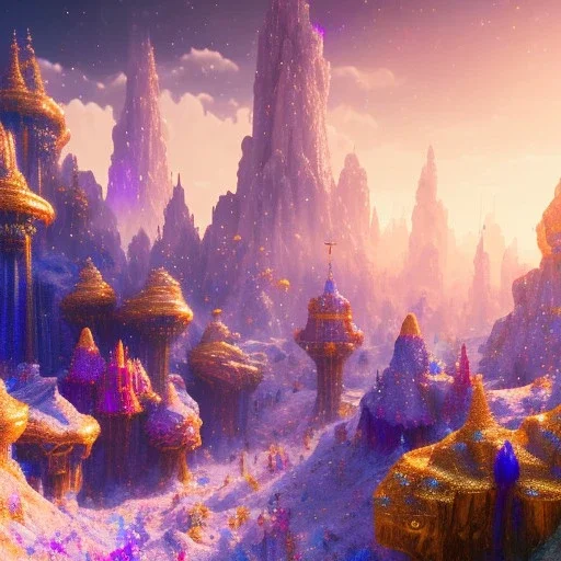 blue gold and violet landscape with multicolored crystals falling from the sky, full of details, smooth, bright sunshine，soft light atmosphere, light effect，vaporwave colorful, concept art, smooth, extremely sharp detail, finely tuned detail, ultra high definition, 8 k, unreal engine 5, ultra sharp focus