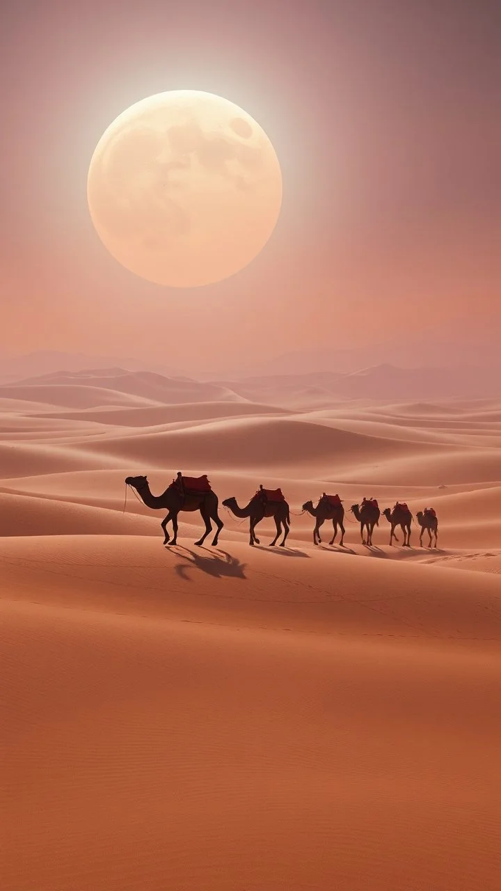 realistic photo of a landscape covered in sands that looks futuristic with futuristic lighting , a caravan of camels