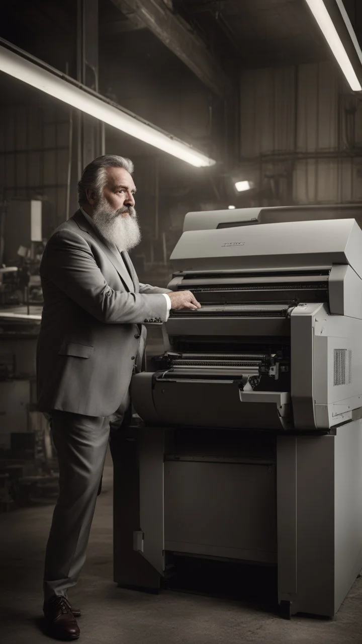 italian strong chubby 55 year old man in smart gray suit, unbuttoned shirt, short beard, shirtless, printer in an old printing house, next to a huge old printer, dim light, side light, ambient occlusion