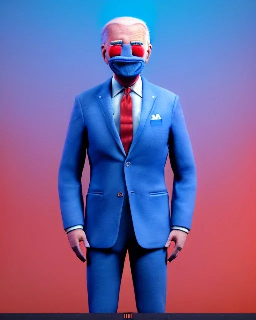 Waist up Portrait, joe Biden as simply muppet doll, Blue suit retro style, photo studio, city background, unreal engine 5, concept art, art station, god lights, ray tracing, RTX, lumen lighting, ultra detail, volumetric lighting, 3d.