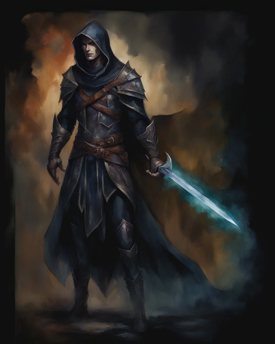 Watercolour painting character full body portrait of a half elf male shadow sorceror, dark armour and hood, smirk, creepy, charismatic, handsome, very dark shadowy background, full legs, creepy dark colours --ar 3:4 --v 6.1