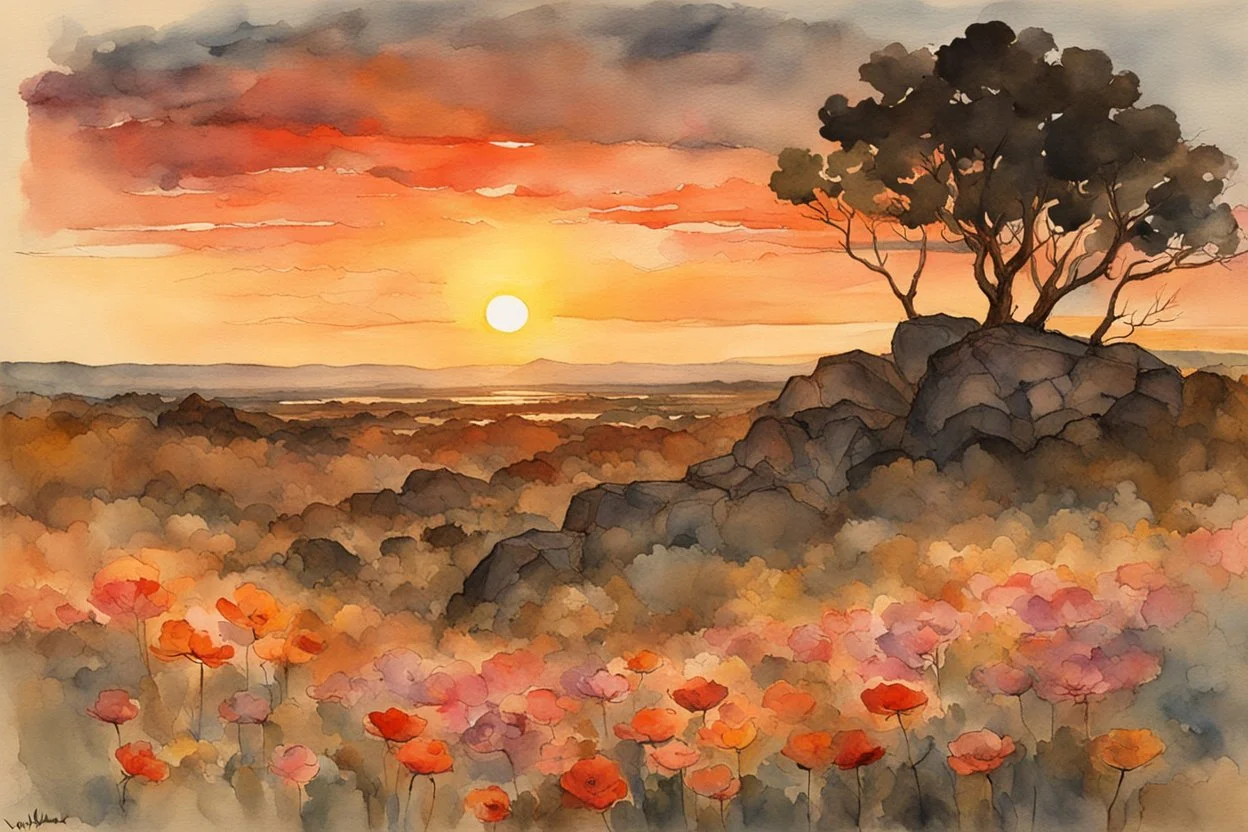 Amazing Sunset, flowers, countryside, rocky land, mountains, epic, sci-fi, fantasy, winslow homer watercolor paintings