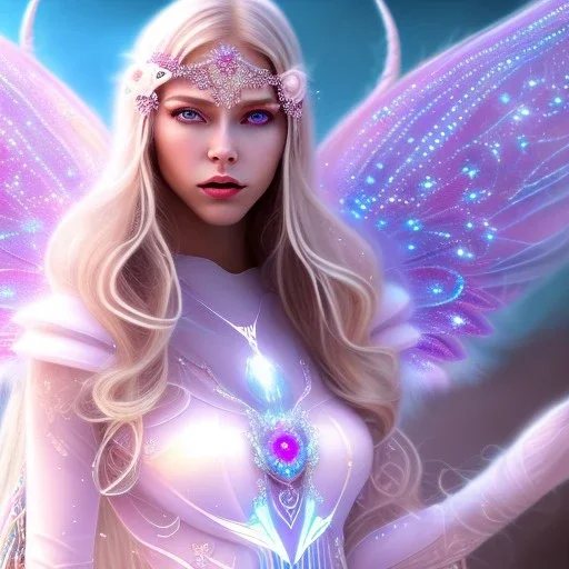 beautiful, soft, big smile face, whole head, long straight blonde hair blues eyes, crown on the head, clothing in transparent bluish and pink veil,fairy wings on the back, background brillante bluish and pink, hight definition, 8K