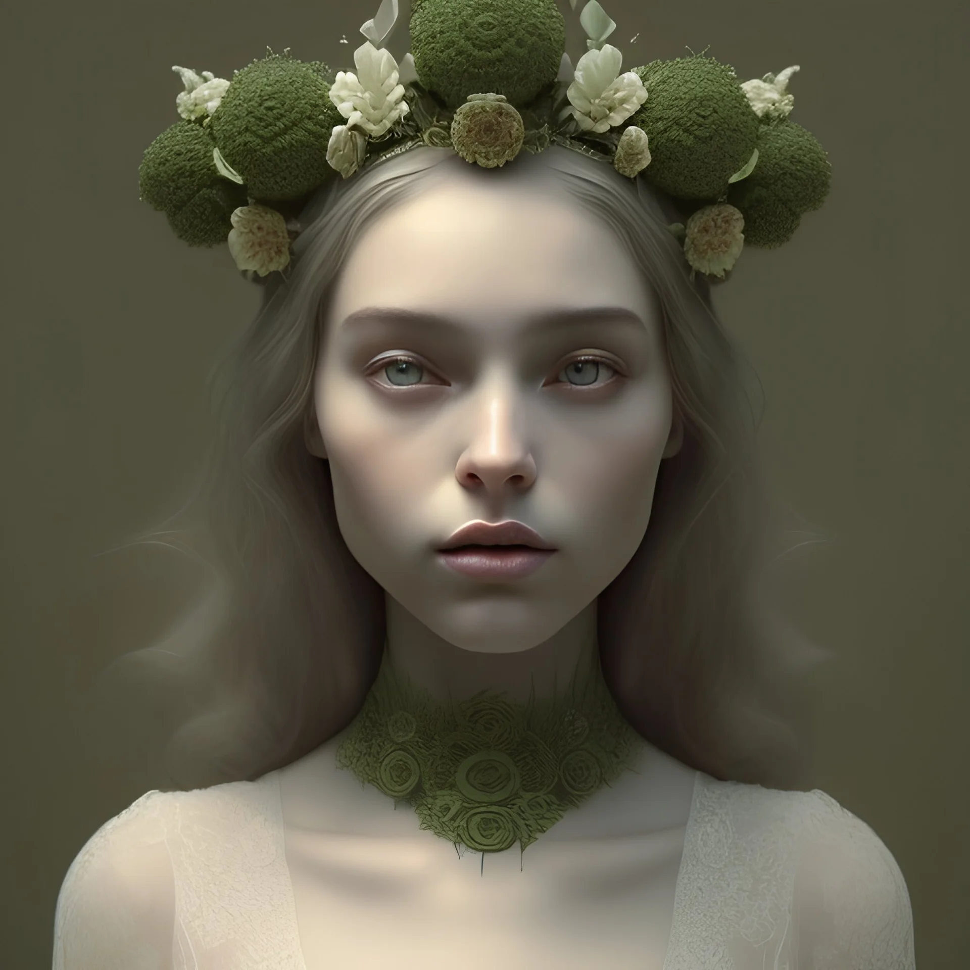 half-length sepia portrait, three-quarter face pose, curvy girl, woven flower crown, entrancing deep green eyes, lace dress, high-quality, fine-detail, intricate, digital art, detailed matte, volumetric lighting, dynamic lighting, illustration, 3D octane render, brian froud, howard lyon, selina french, anna dittmann, annie stokes, lisa parker, greg rutowski,