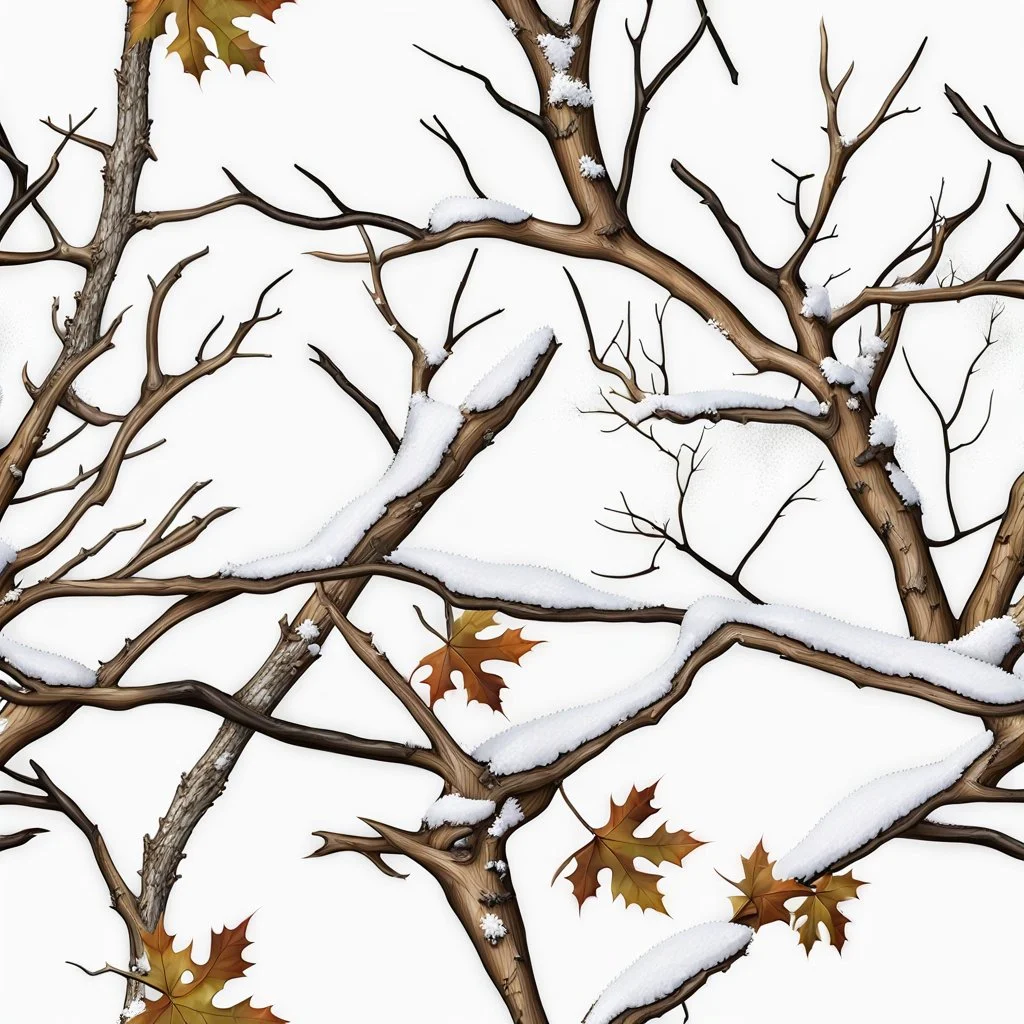 detailed Real Tree Camouflage made of sticks, twigs, tree bark, dried maple leaves, green pine branches, snow and dirt, white background, seamless repeatable texture pattern imitating a natural forest background, add details