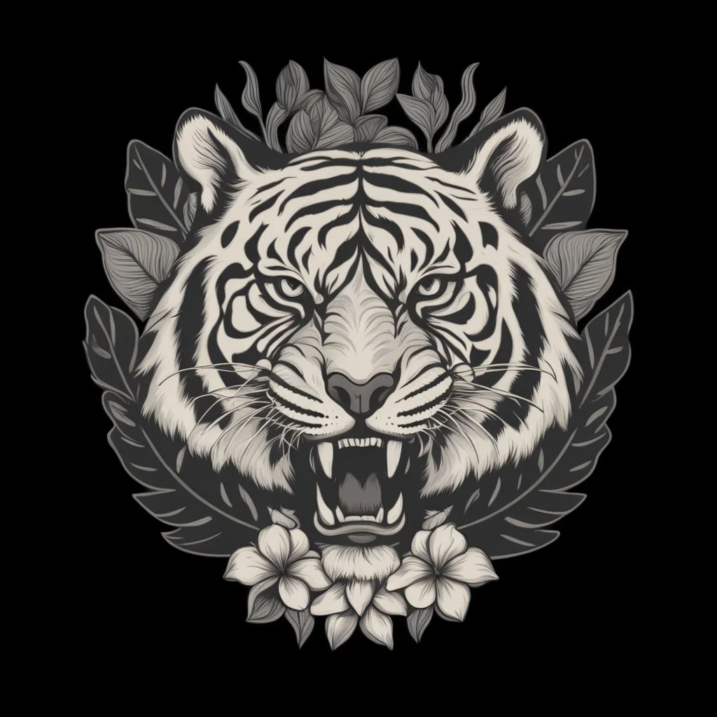 The picture is a black and white image of a tiger's head. The tiger has its mouth open and is showing its teeth. There are some leaves and a flower around the tiger's head. The image is on a white background.. Vintage T Shirt Design And Vector Illustration.Vector t shirt design on a white background