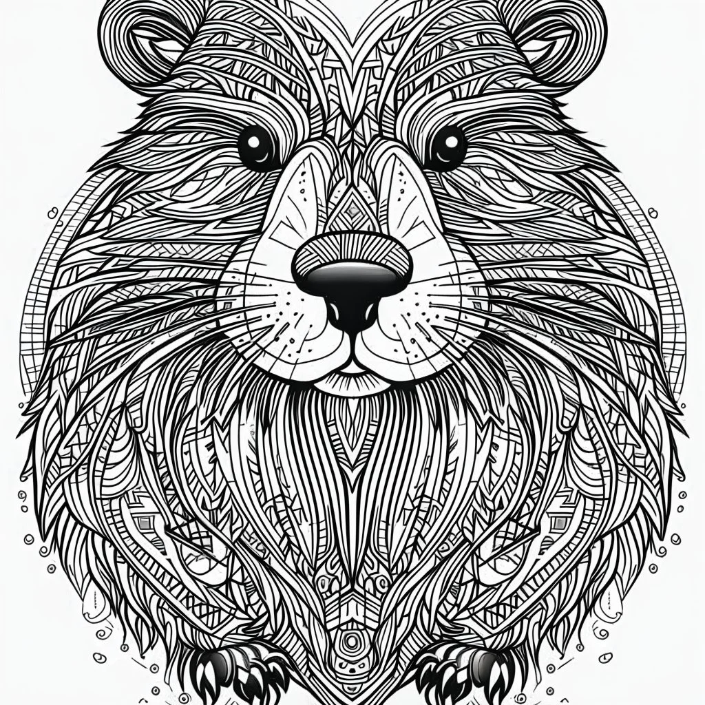 Beaver, front view, mandala, minimal lines, cartoon, white back ground color, real style, realistic, minimalistic, minimal black line art, line art, crisp line art, unique coloring sheet, outlined, outline, crisp, crisp line edges, illustration, thin lines, crisp clear lines, line art, clean line art, unique, 8k, amazing, masterpiece, no colors, no dark color, no black color, avoid thick black, minimalistic line edges, pure white back ground, image character full fit to page,