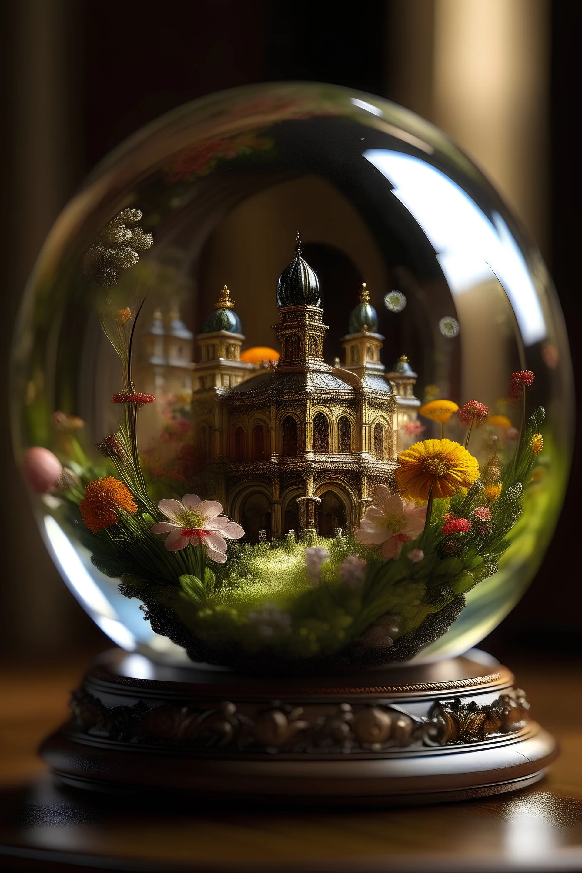 The miniatur islamic mosque in glass ball is an abstract concept that refers to a world made entirely of flowers or plants, often in a fantasy or mythical setting. The flower planet in this image appears to be a baroque world, with ornate spiral patterns and intricate designs.