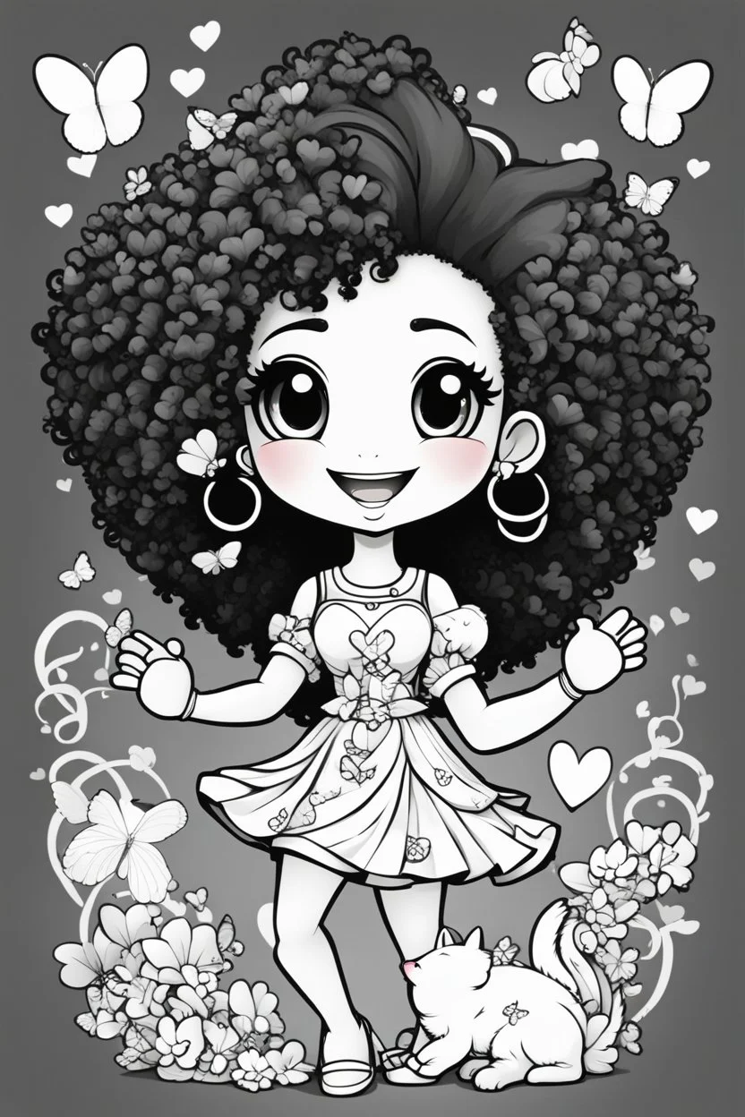 create a coloring page of a chibi girl with a curly afro ponytails dancing around hearts and butterflies. she smiles while shes playing with her kitten, black and white