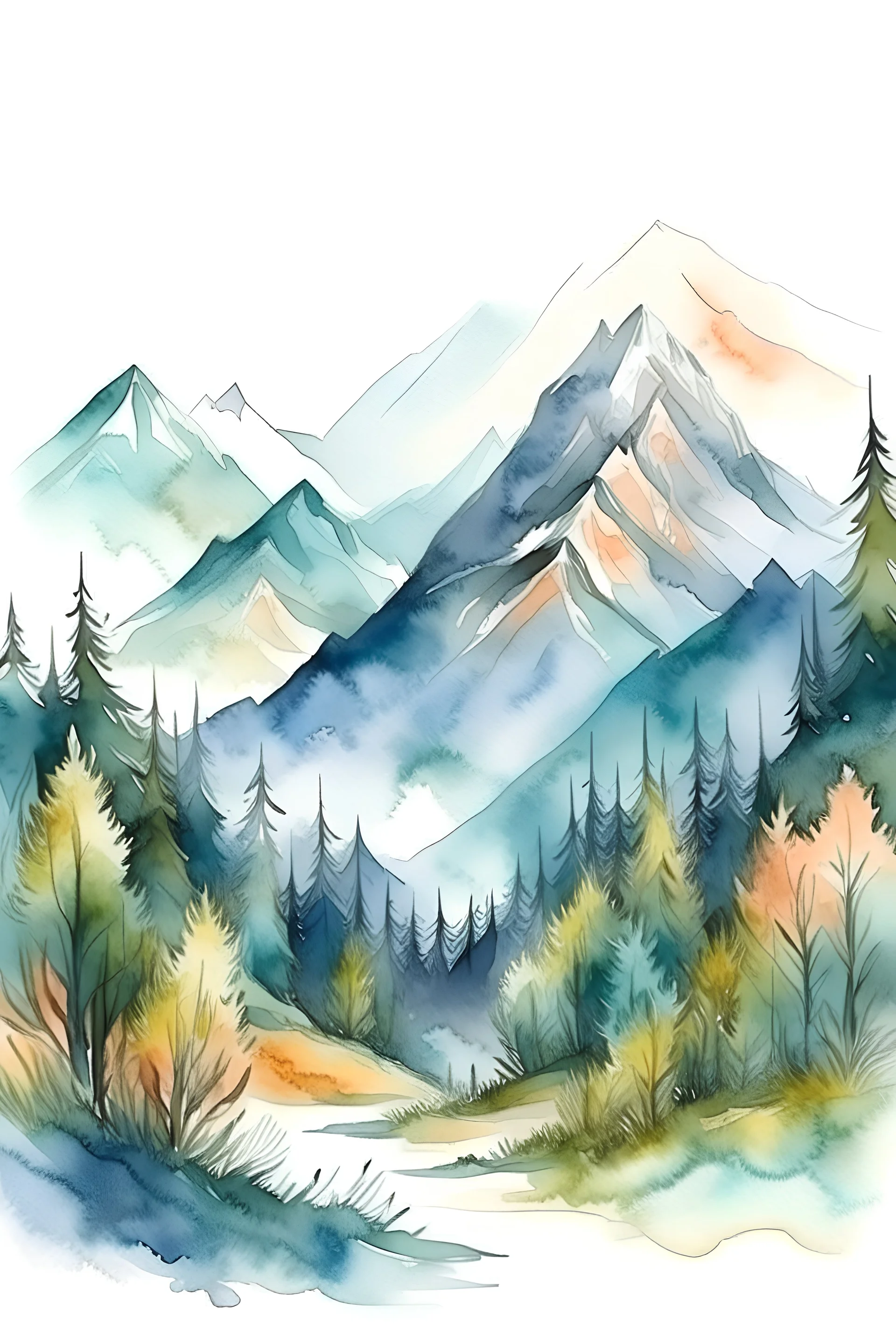 T-shirt design, watercolor painting of trees and mountains, a painting environmental art, detailed painting, painterly, artwork