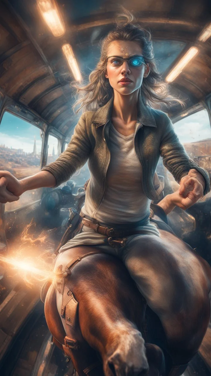 fisheye lense, hypnotic portrait of a yoga instructor on a horseback,flashy magazine cover, fallout 4 docks setting, horror weird cowboy wizard cyberpunk weasel in female garments on top of train ,holding dynamite, getting hit by lightening electric arc, with big disturbed eyes,bokeh like f/0.8, tilt-shift lens 8k, high detail, smooth render, down-light, unreal engine, prize winning