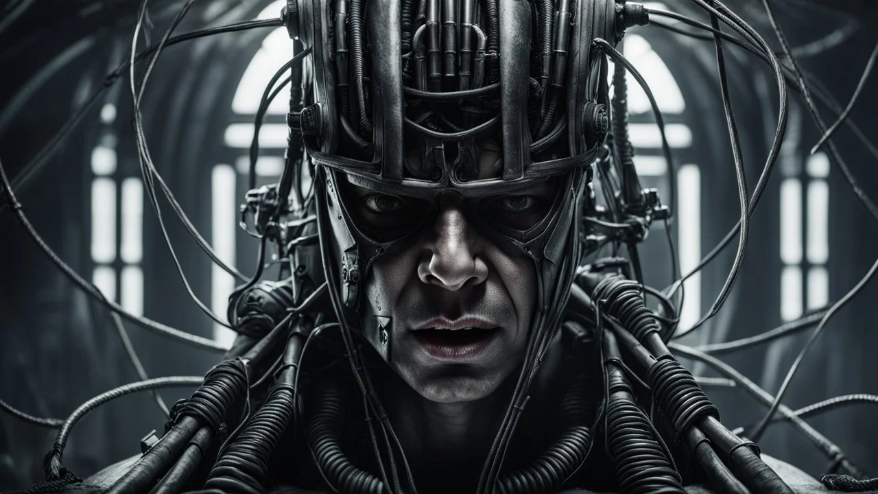 A soldier writhing in pain with wires and cables bursting out of their right arm in the style of h. r. giger, an atmosphere of darkness and horror, hyper realistic photo, In post - production, enhance the details, sharpness, and contrast to achieve the hyper - realistic effect, Hyperrealistic, splash art, concept art, mid shot, intricately detailed, color depth, dramatic, 2/3 face angle, side light, colorful background, CAMERA: Nikon Z7 | FOCAL LENGTH: 105mm | SHOT TYPE: Close