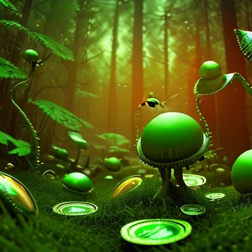 vivid green and red venus flytrap, snapping at shiny gold coins, in a dense forest, focus on the flytrap, 3D art, low poly, tiltshift, 4k, --ar 16:9