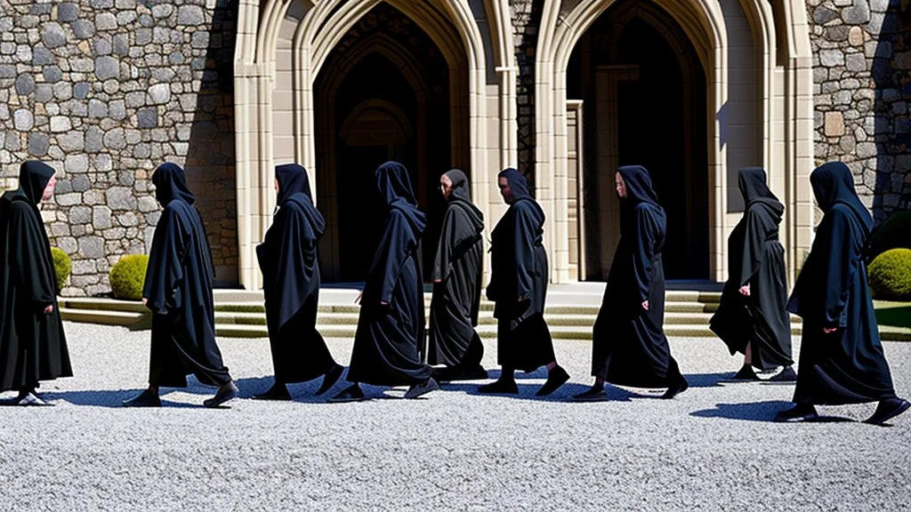 black robe hooded monks in the stone castle