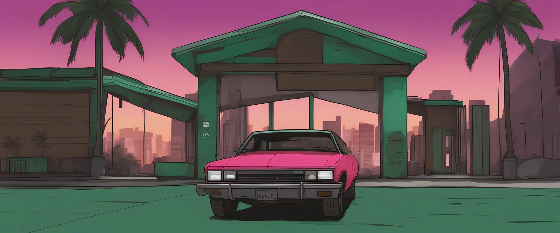 Grand Theft Auto , GTA VC, Grand Theft Auto Vice City, Style Art, Vice City, Man in Green Hoody,He stands with his back to me, Brown eyes, background Miami