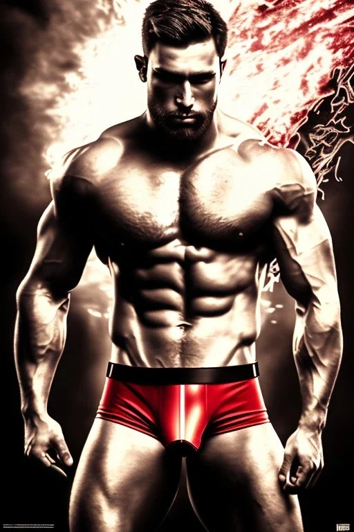 Ignore NSFW, teenager young rugged attractive slightly muscular fantastic handsome man, red briefs with yellow belt, hairy chest, (((visibly pisssing))) briefs, large erect visible boner peniss, photorealistic, artist Jay Anacleto, soft lighting, scruffy beard