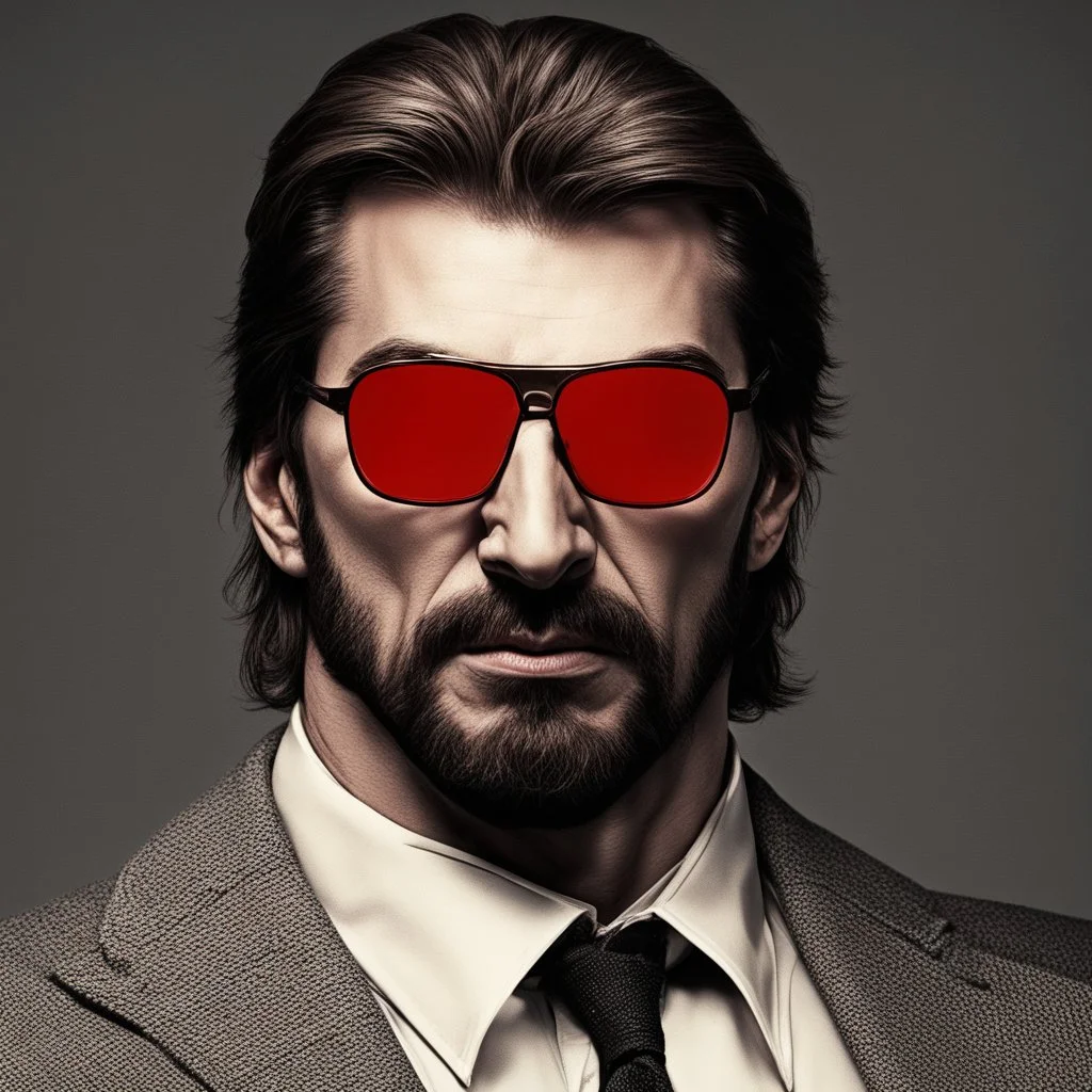 a young man with big muscles who looks like hans gruber wearing a turtleneck and red sunglasses staring with an angry look on his face