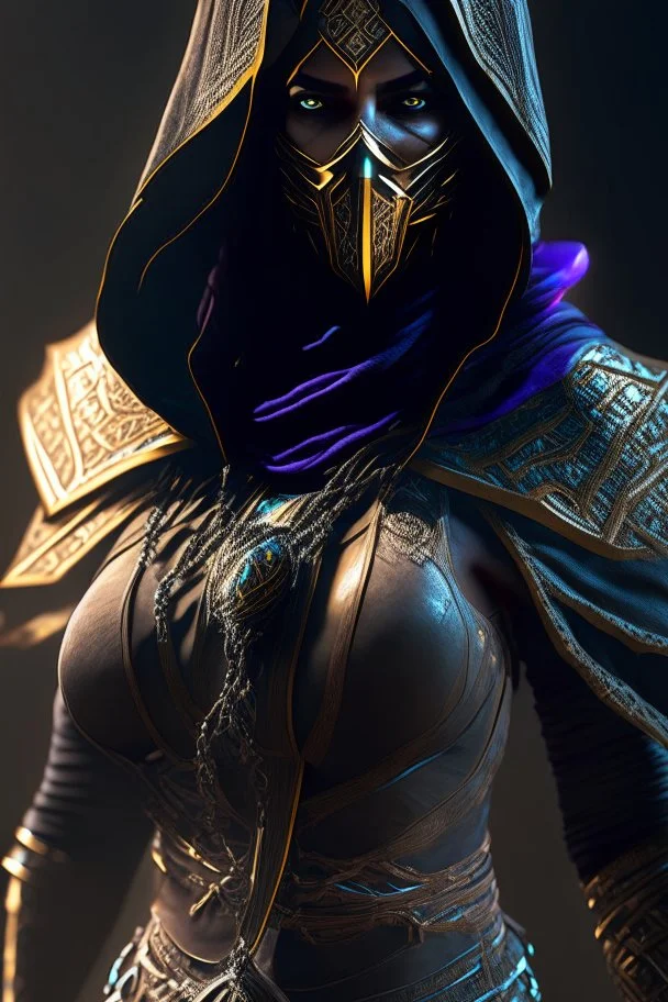 Iconic Arabian assassin, armor, full body, dark, stunning portrait, dynamic shot, vivid, richly saturating colors, legs, full face, cinematic atmosphere, immersive, global lighting, complex shadows, reflections, octane rendering, hyper-realistic, unparalleled detail Her, 8K, Groundbreaking, Epitome of Concept Art, Material-Based Rendering, Dynamic Angles, Complex Textures, Subsurface Dispersion, Timeless Masterpiece, AI-Enhanced, GAN, Ray Tracing, Depth of Field, Neural Network, Riding a Horse