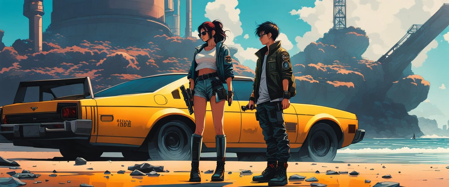 photo-realistic, amazing reflections, wonderful textures, perfect skin, dynamic, cinematic, dramatic, deep low angle: a cyberpunk girl and boy posing with handguns on a polluted littered nuclear beach, front view, close-up, summer vibe, Akira vibe, Katsuhiro Otomo style, bold vivid colors, sharp shadows, black outlines, ultra detailed, extremely intricate, sweat droplets