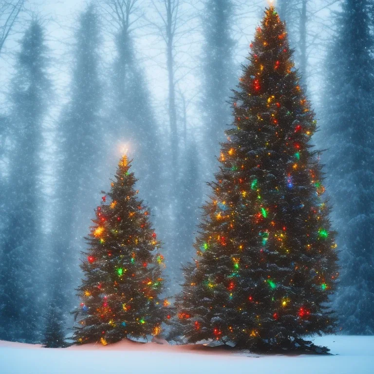 Huge lonely Christmas tree full of lights in a dark snowy forest, warm glow, small human standing next to it, dramatic scène