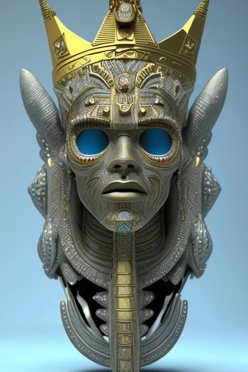 Aztec male African Egyptian alien, cracks in the voodoo head, wicked, eyes, crown, Elephant, 8k, finely detailed, photo realistic, tiger turquoise skull head gold dragon space alien snow skeleton gold hornytoad silver crown silver eyes