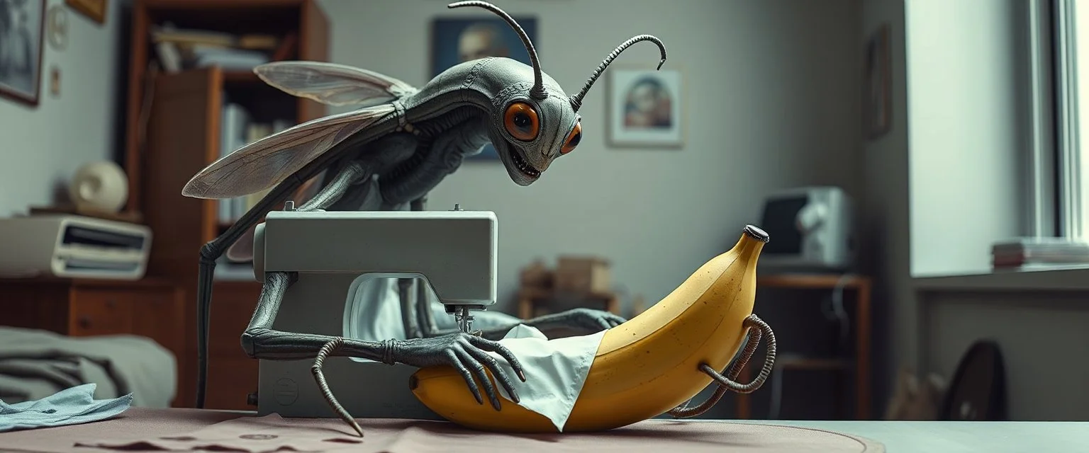 Xixchil Insectoid alien surgeon covered in bizarre biological modifications and extra limbs. Sewing machine, banana Keeps offering completely unnecessary “improvements.” in 2010s apartment and clothes