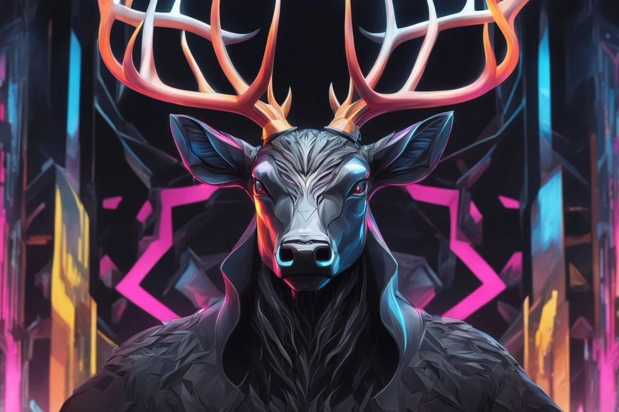 Shadow symbiote in 8k realistic anime drawing style, neon crystal antlers deer, human model, close picture, Deer them, intricate details, highly detailed, high details, detailed portrait, masterpiece,ultra detailed, ultra quality