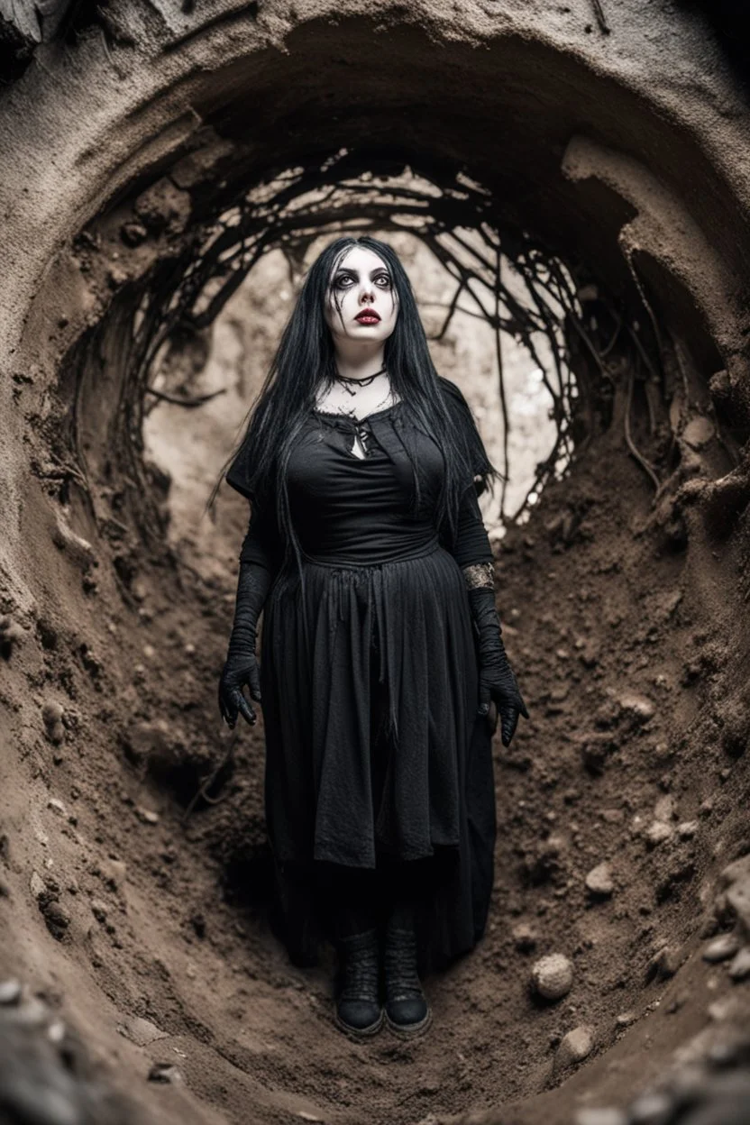 Closeup huge Girl goth with big eyes, fullbody, ragged clothes, extended like roots, the perspective looking up from the bottom of an empty well , behind mud and rats, 8k,macro photography,