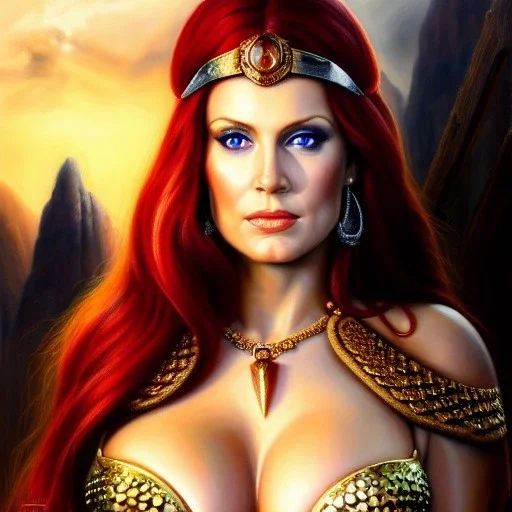 Ultra detailed fullbody Portrait in oil on canvas of beautiful busty Red Sonja ,extremely detailed digital painting, extremely detailed face,crystal clear Big Glowing eyes, mystical colors ,perfectly centered image, perfect composition, rim light, beautiful lighting, 8k, stunning scene, raytracing, anatomically correct, in the style of robert e howard and Ken Kelley and Ohrai Noriyoshi and Simon Bisley and tomzj1