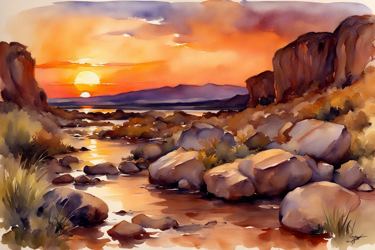 Sunset, rocks, mountains, rocky land, epic, john singer sargent watercolor paintings