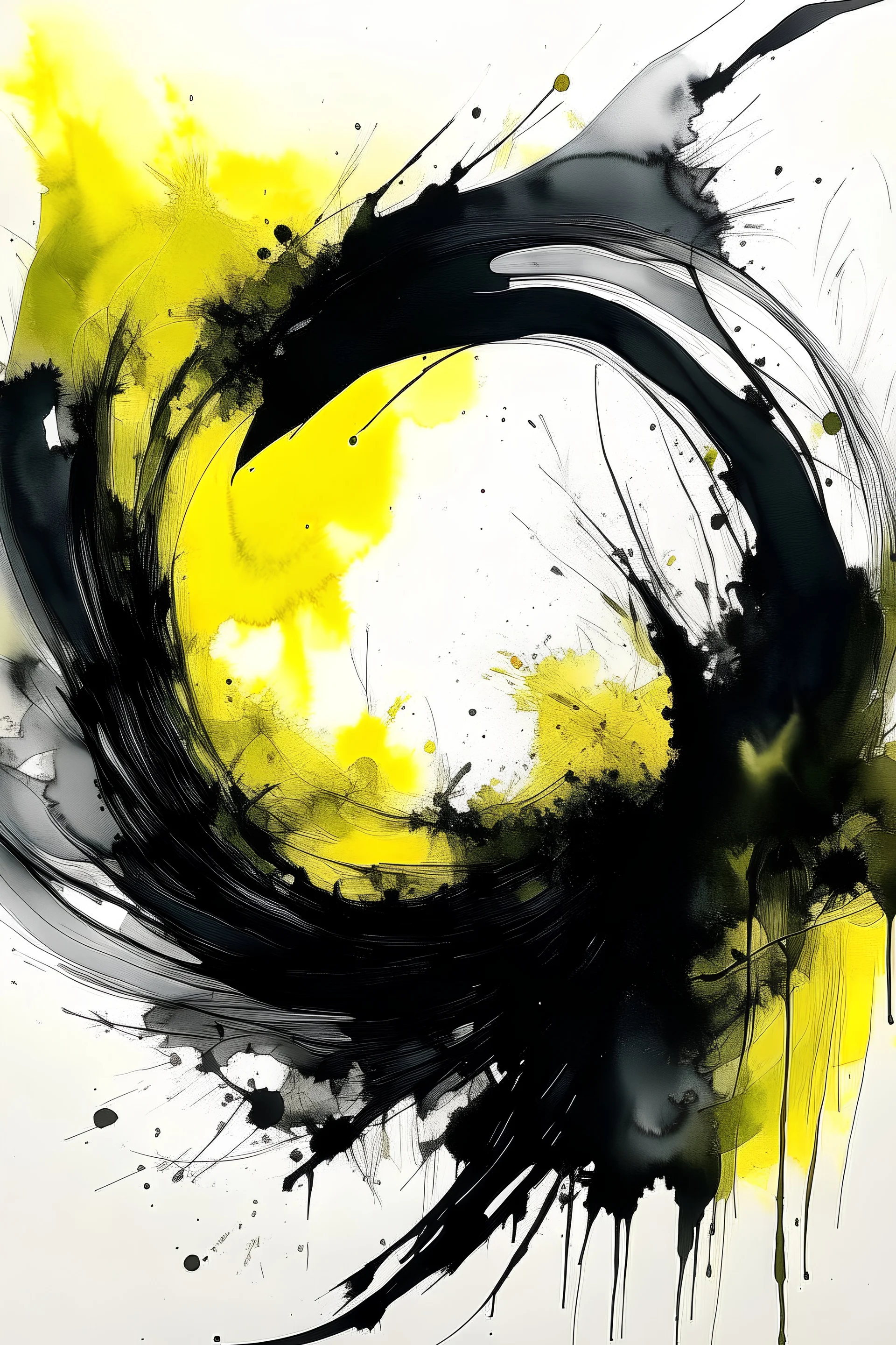 Insanity is the price of eternal vigilance; Abstract Art; Minimalism Black ink wash with a spattered arc made from yellow watercolor