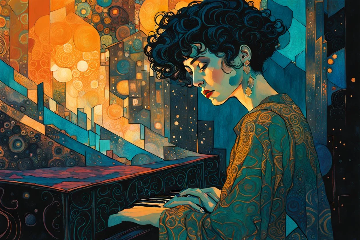 create an abstract expressionist, highly ethereal, darkly magical illustration of a deeply sorrowful, woman with short cropped hair, at her piano in a smokey nightclub, with highly detailed and deeply cut facial features, in the style of GUSTAV KLIMT, PABLO PICASSO, combined with the comic art style of BILL SIENKIEWICZ and JEAN GIRAUD MOEBIUS, searing lines and forceful strokes, precisely drawn, boldly inked, and darkly colored