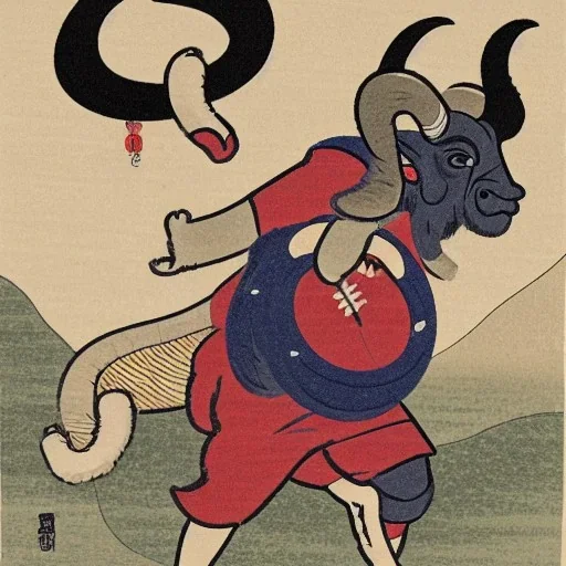 Ukiyo-e style illustration of Bighorn Ram holding a football