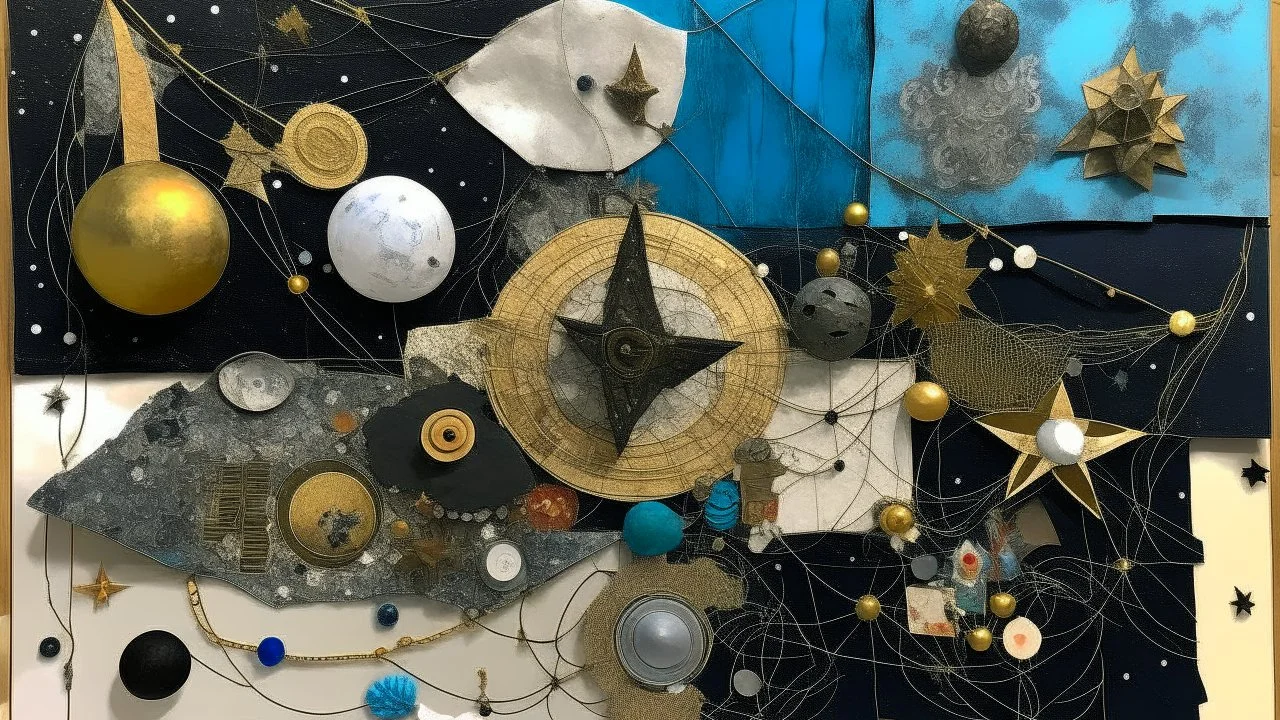 A mixed media collage showcasing a constellation made up of unexpected objects and textures, each element placed according to the laws of chance