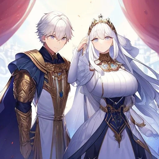 Twins, boy and girl, white hair, silver eyes, royal hall background