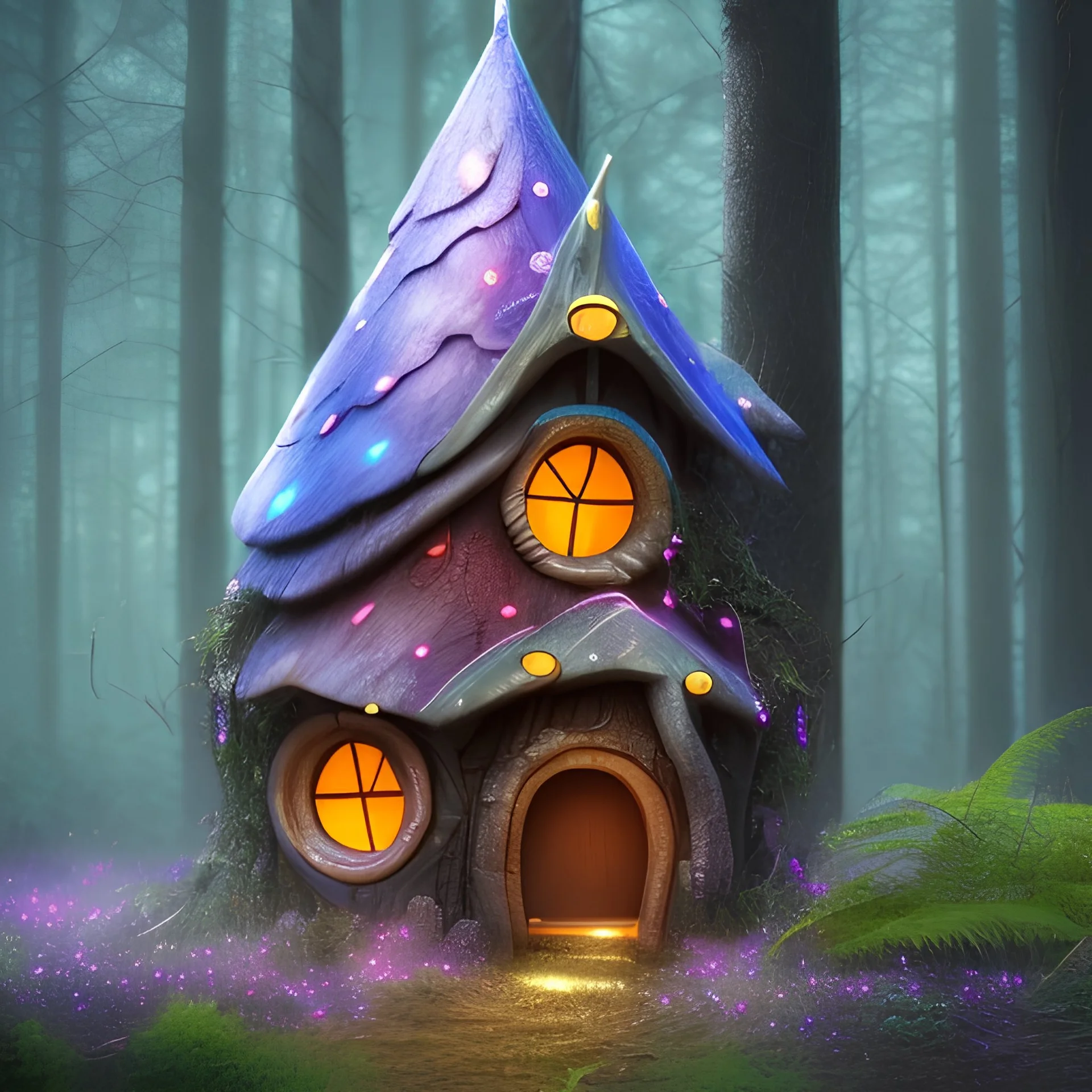 fairy house in the forest, blue and pink lights