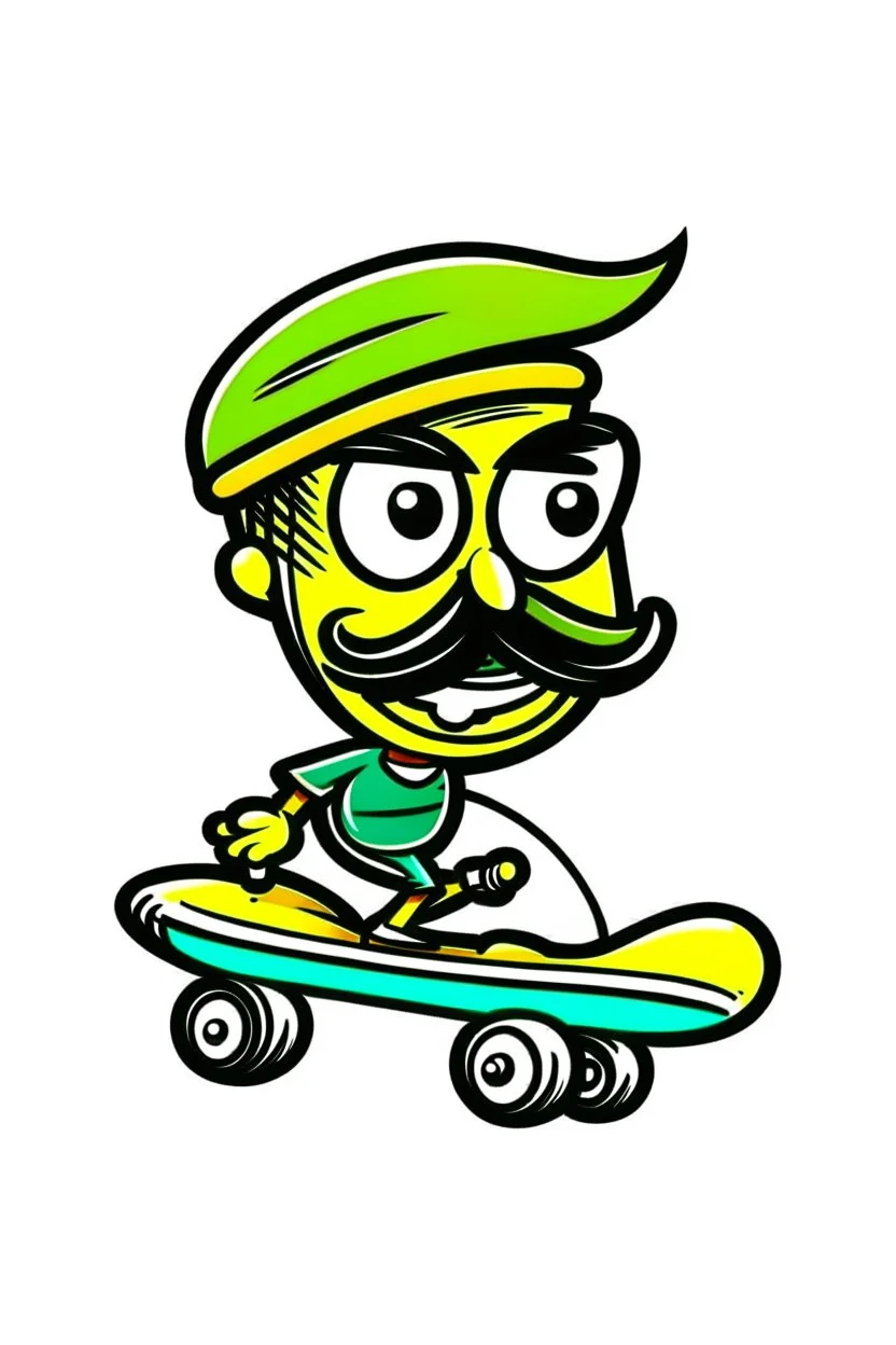 A cartoon FOOTBALL with a handlebar mustache and a skateboard tucked under its fin. Style: Retro Comic Book, Mood: Playful and Energetic, Lighting: Flat, bold colors, T-shirt design graphic, vector, contour, white background.