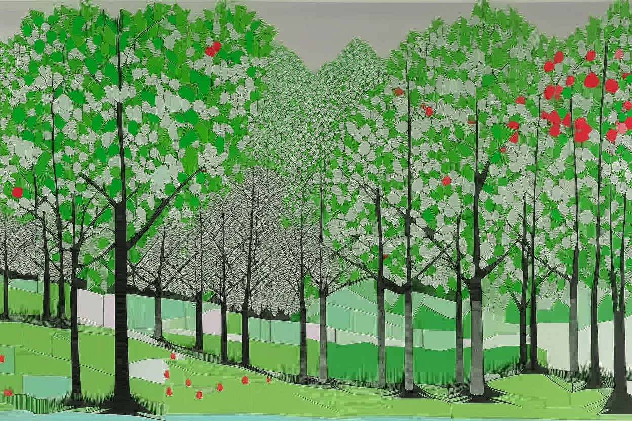 A grayish green geometric forest with apple trees painted by Andy Warhol