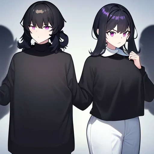 Clear focus, High resolution, short black fluffy hair, purple eyes, long spiky locks, wearing a black sweater with a white collar, long sleeved shirt, wearing white shorts, angry