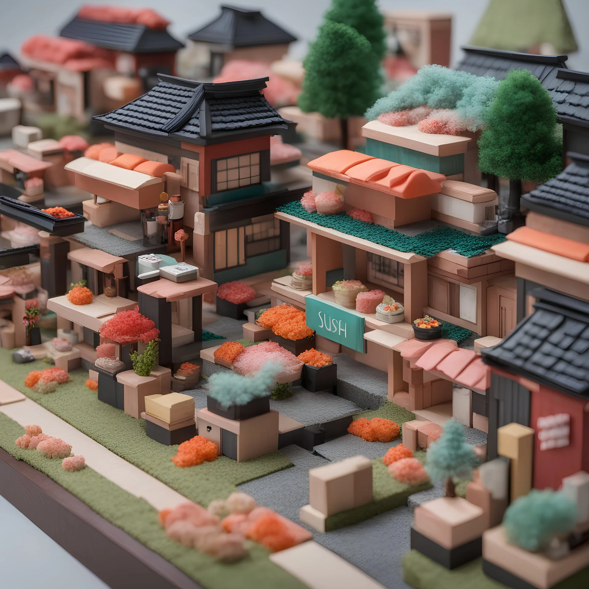 sushi neighborhood diorama, suburban homes made entirely from colorful sushi blocks, sushi textures, fantastical, mega detailed, photoreal, maximalism, dynamic composition, sign post says "SUSHI LANE"