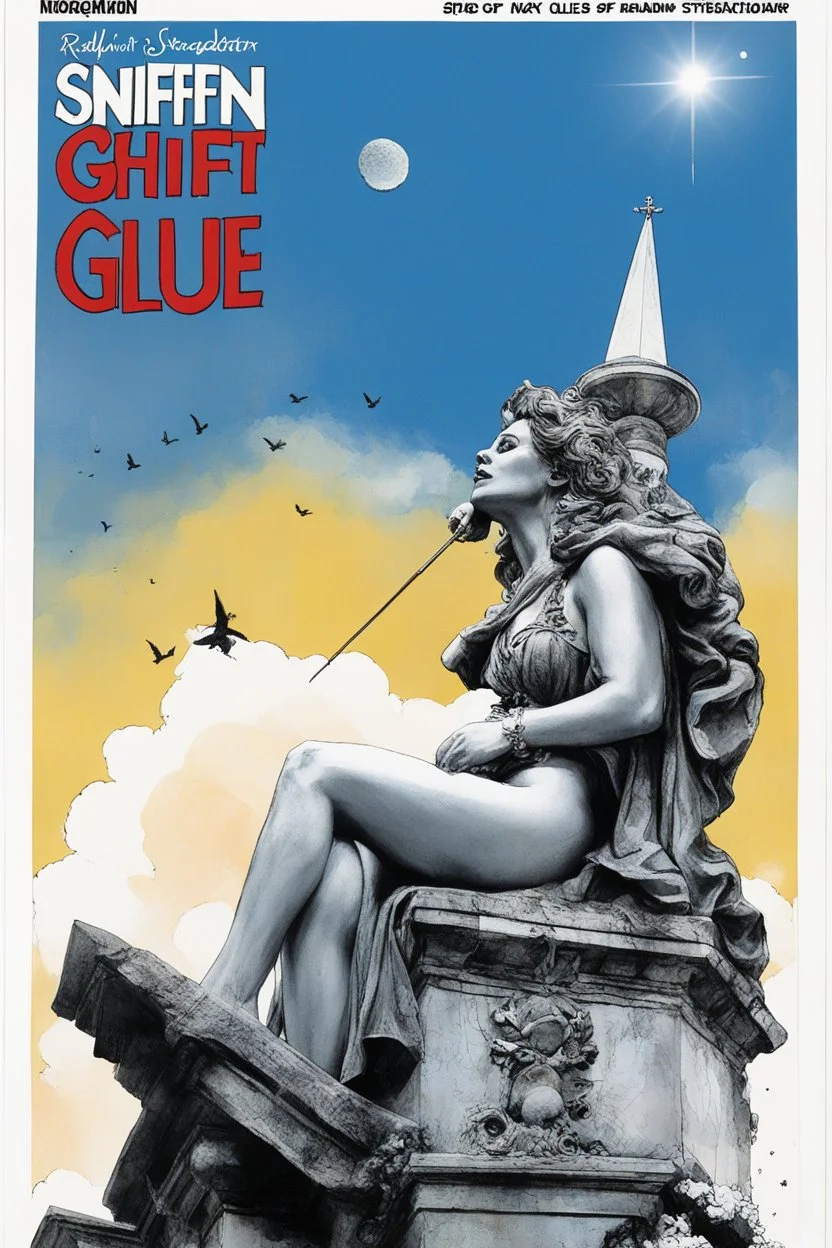 SNIFFIN’ GLUE magazine high res photo cover by Ralph Steadman: special issue #42 on older statues of Saint Maria seen from below, guest star: Lola Glaudini with no inhibitions under the shower, she is blessing the sky in agent provocateur [a lot of writing and table of content issues like indie magazines]