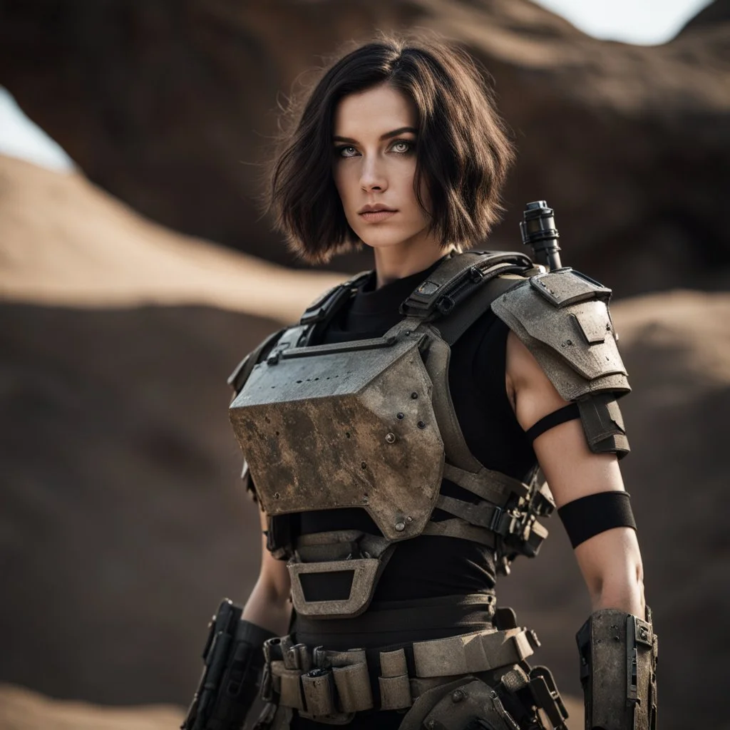 beautiful caucasian female soldier, black metal body and limbs, visible cybernetic limbs, scratched sand camo metal details, short brunette wavy bob haircut, dystopian, desert scene