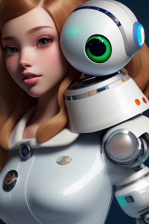 Portrait Painting of a cute robot painter. white background. floating canvas. Awesome Pose, Character Design By Mark Ryden And Pixar And Hayao Miyazaki, Unreal 5, Daz, Hyperrealistic, Octane Render, Dynamic Lighting, Volumetric lighting, Intricate Detail, Summer Vibrancy, Cinematic