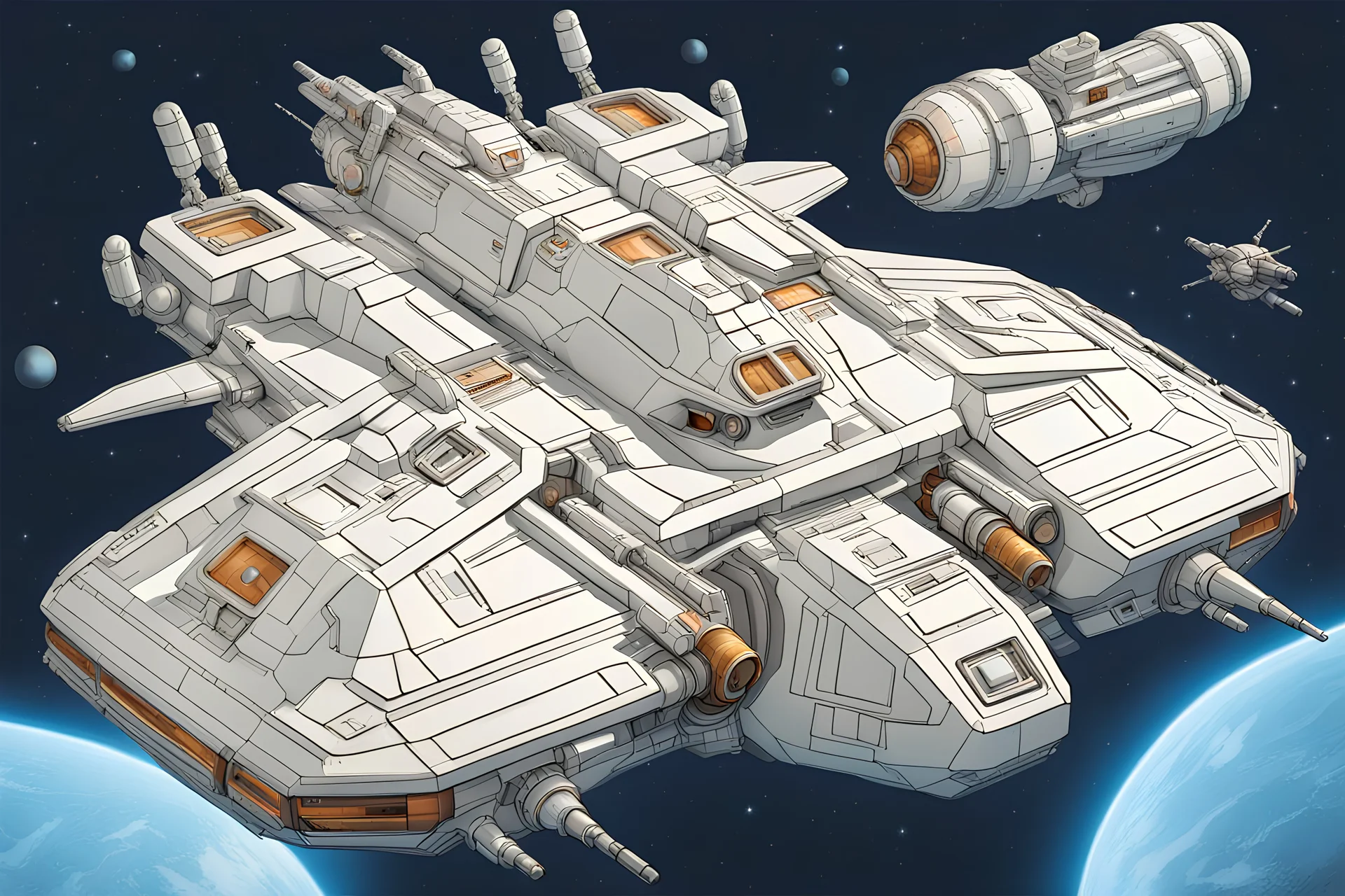 Classic Shapes, High Detail: A massive spacecraft with a symmetrical hull adorned with advanced features and technical detail. May include antennae, docking ports, and turrets in an isometric perspective.