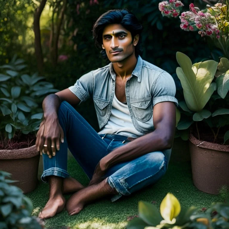 an 24 year old indian man, oval face, tanned skin, wearing shirt and jeans, sitting in a garden, peaceful